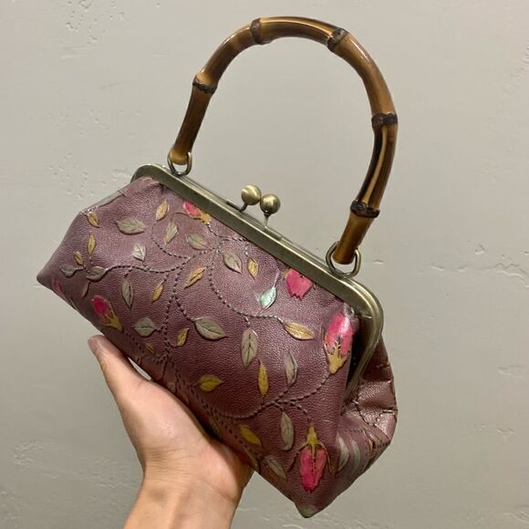 Handmade Genuine Leather Floral Embossed Real bamboo Handle Satchel/Crossbody - Picture 9 of 15